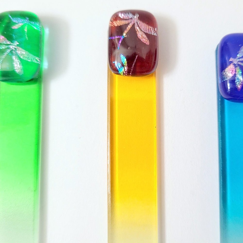 New  3 Glass Nail Files with Dichroic Dragonfly Tips Yellow, Green and Blue